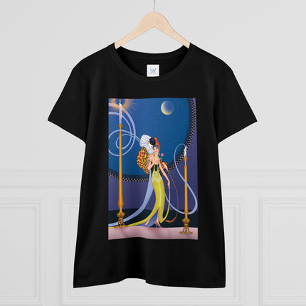 Smoke and Secrets: A Glamorous Encounter in Prohibition Era Women's Midweight Cotton Tee