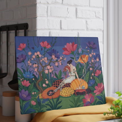 🌺🌙 The Lady Of The Midnight Blossom Garden Glass Cutting Board – Art Deco Floral Elegance