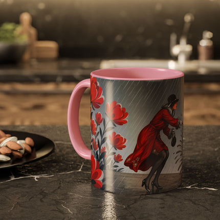 ☔🌹 The Scarlet Rainstorm Promenade Colorful Mug – Art Deco Motoring Elegance