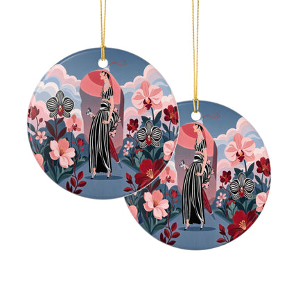 🌸🖤 The Striped Orchid Promenade Ceramic Ornament – Art Deco Floral Fashion