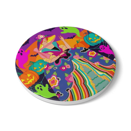 🌈👻 The Rainbow Ghost Masquerade Ceramic Coaster – Colorful Halloween Charm