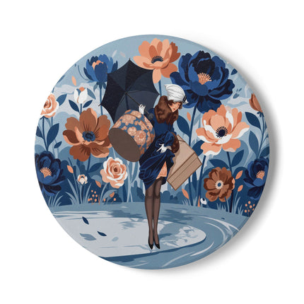 ☂️🌺 The Lady Of The Traveling Garden Ceramic Coaster – Art Deco Floral Adventure