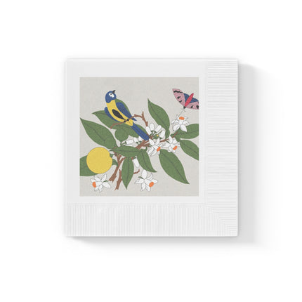 Blue Tit & Butterfly White Coined Napkins – Spring Harmony & Delicate Beauty