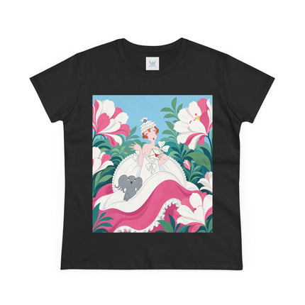🌸🐘 The Pink Blossom Companion Cotton Tee – Art Deco Floral Whimsy