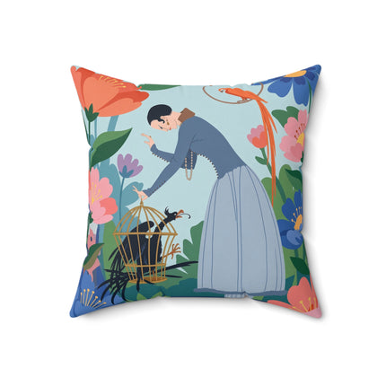 🦜🌺 The Lady Of The Garden Aviary Square Pillow – Art Deco Floral Whimsy