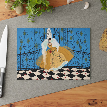 🎭🌹 The Rose Masquerade Glass Cutting Board – Art Deco Venetian Elegance