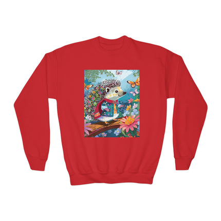 Cute Hedgehog Youth Crewneck Sweatshirt – Garden Adventure & Whimsical Charm