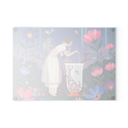 🐠🌸 The Lady Of The Enchanted Aquarium Glass Cutting Board – Art Deco Underwater Garden Fantasy
