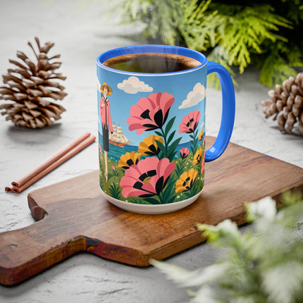 🌸⛵ The Seaside Blossom Promenade Colorful Mug – Art Deco Coastal Elegance