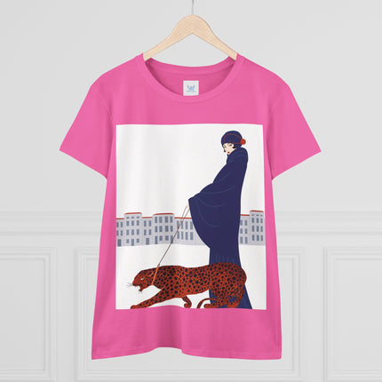 🐆🖤 The Lady With The Leopard Cotton Tee – Art Deco Fashion Illustration