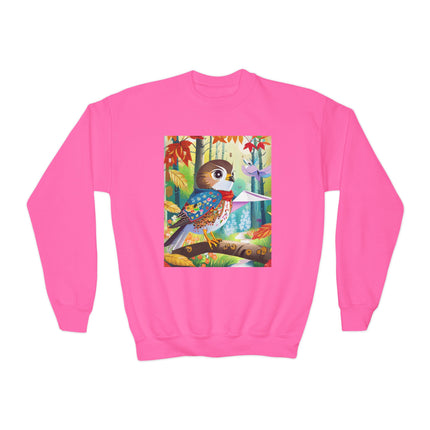 Baby Hawk Plays in Forest Youth Crewneck Sweatshirt – Woodland Wonder & Playful Discovery