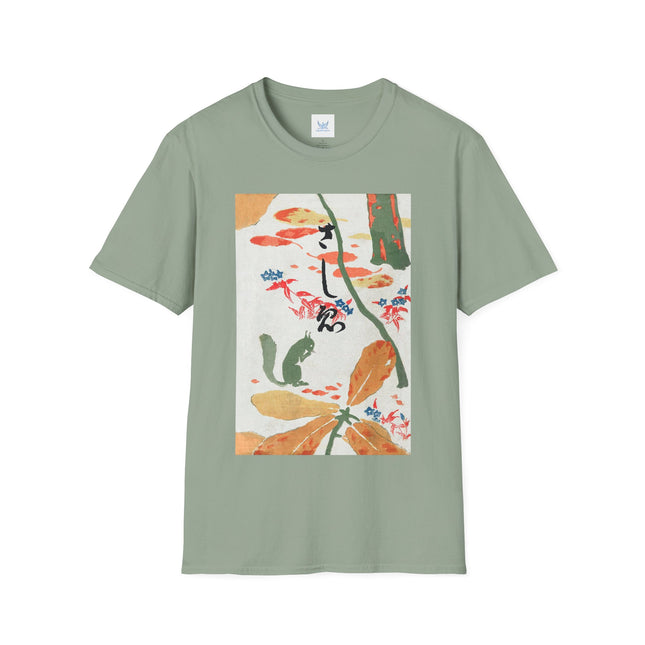 🌿🐿️ Book Illustration by Goyō Hashiguchi Softstyle T-Shirt – Japanese Elegance & Natural Harmony