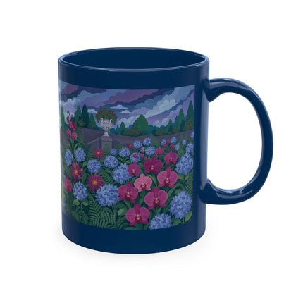 🦚🌸 The Lady & The Peacock On The Garden Steps Ceramic Mug – Art Deco Garden Elegance