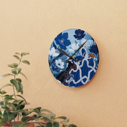 💙❄️ The Lady Of The Winter Blue Garden Acrylic Wall Clock – Art Deco Fashion Elegance