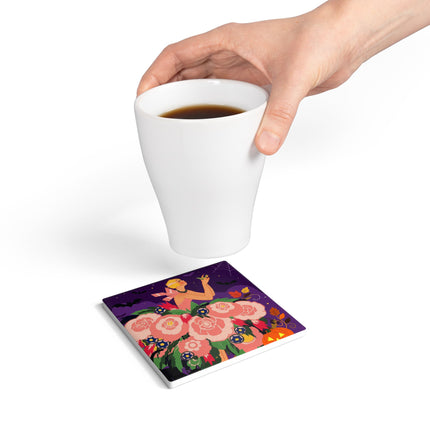 🌹🎃 The Lady Of The Haunted Rose Garden Ceramic Coaster – Romantic Halloween Charm