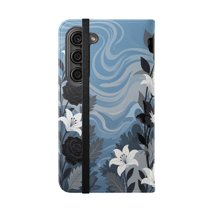 🖤🤍 The Lady Of The Black Rose Garden Flip Case – Art Deco Floral Elegance