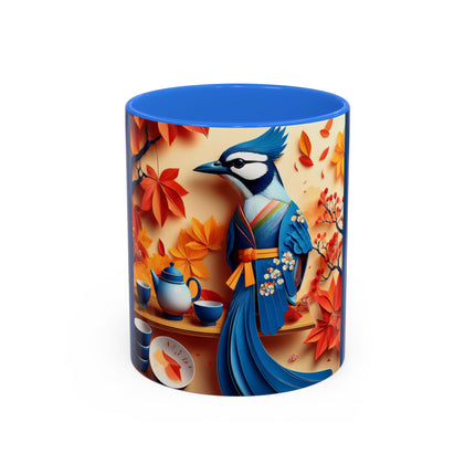 Blue Jay at an Autumn Tea Ceremony Colorful Mugs (11oz, 15oz)