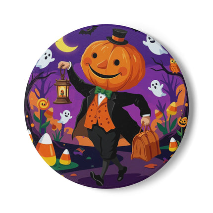 🎃🏮 The Pumpkin Gentleman’s Moonlit Stroll Ceramic Coaster – Whimsical Halloween Charm