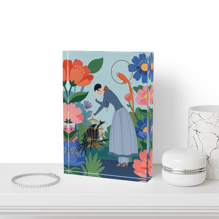 🦜🌺 The Garden Of Curious Birds Acrylic Art Block – Art Deco Botanical Whimsy