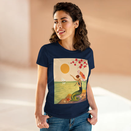 🧜‍♀️🌸 The Mermaid Beneath The Blossoms Cotton Tee – Art Deco Seaside Fantasy