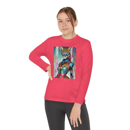 Cyber Cat Glamour Youth Long Sleeve Competitor Tee – Neon Elegance & Futuristic Style