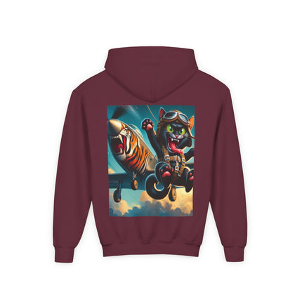 Parachuting Cat Commando Youth Hooded Sweatshirt – Action, Adventure & Wild Imagination