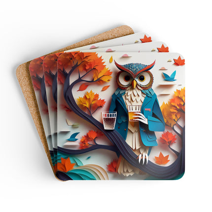 Owl at an Autumn Park Gathering Corkwood Coaster Set