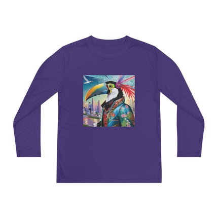 Cyber Toucan Chic Youth Long Sleeve Competitor Tee – Neon Feathers & Futuristic Style