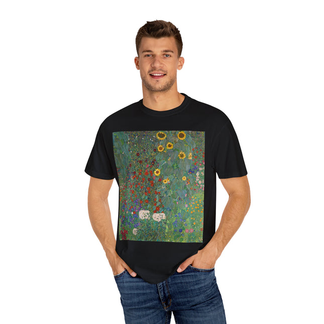 Farm Garden with Sunflowers by Gustav Klimt Unisex Garment-Dyed T-shirt