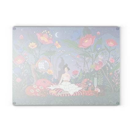 🌙🌺 The Moonlit Garden Reverie Glass Cutting Board – Art Deco Floral Fantasy
