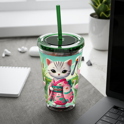 Geisha Kitten Strolls Among the Spoonbills Sunsplash Tumbler with Straw, 16oz