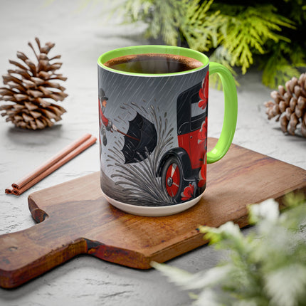 ☔🌹 The Scarlet Rainstorm Promenade Colorful Mug – Art Deco Motoring Elegance