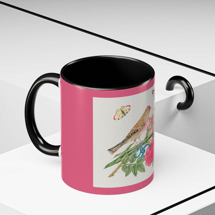 Pair of brown birds on bouquet with tulip, rose, and snapdragons, with butterflies by AnonymousAccent Coffee Mug, 11oz