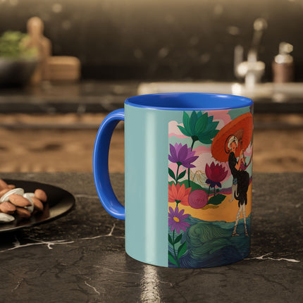 The Lady Of The Coral Parasol Colorful Mugs – Art Deco Coastal Elegance