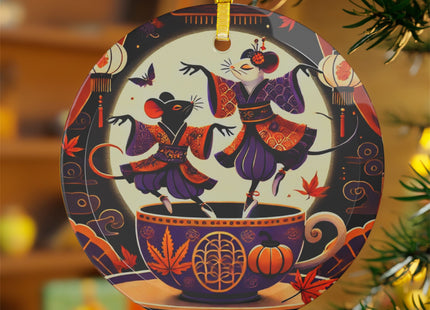 Theatrical Halloween Kabuki Mice on Teacup Glass Ornament