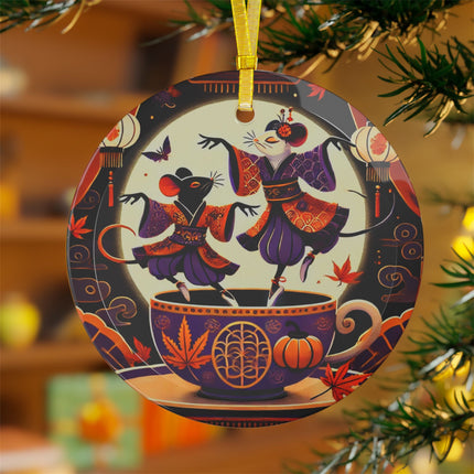 Theatrical Halloween Kabuki Mice on Teacup Glass Ornament