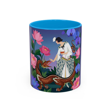The Lady And The Garden Dragon Colorful Mugs – Art Deco Mythical Botanical Elegance