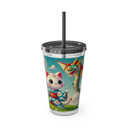Geisha Kitten and the Dragon Kite Sunsplash Tumbler with Straw, 16oz
