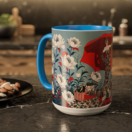 ❤️🌺 The Scarlet Parasol Spectacle Colorful Mug – Art Deco Fashion Elegance