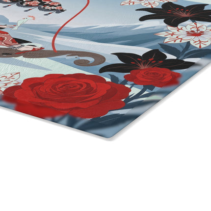 🌹❄️ The Lady Of The Winter Rose Sleigh Glass Cutting Board – Art Deco Alpine Elegance