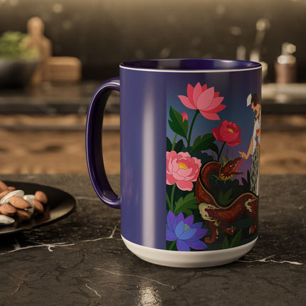 The Lady And The Garden Dragon Colorful Mugs – Art Deco Mythical Botanical Elegance