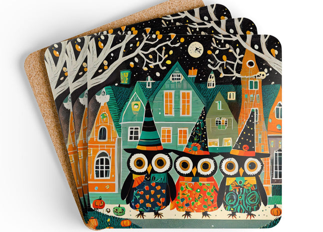 Night of the Trick-or-Treating Owlets Corkwood Coaster Set