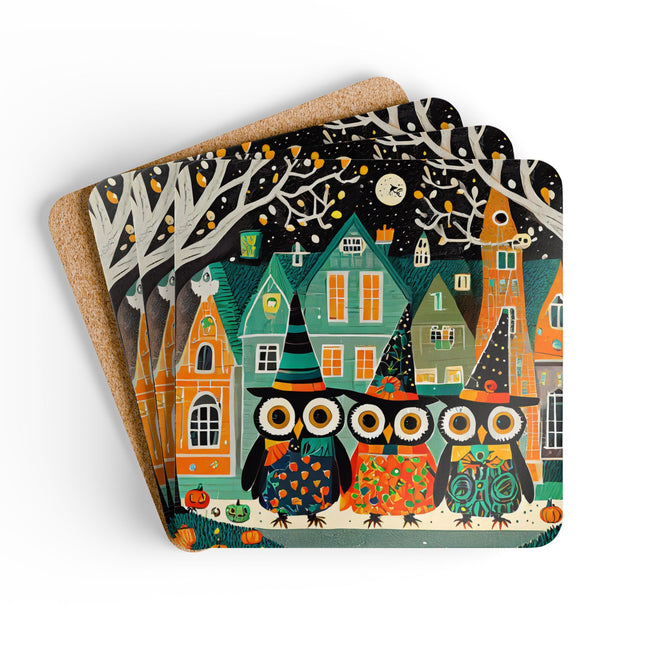 Night of the Trick-or-Treating Owlets Corkwood Coaster Set