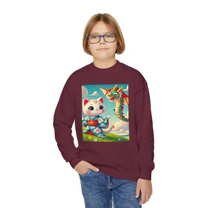 Geisha Kitten and the Dragon Kite Youth Crewneck Sweatshirt – Freedom, Motion & Playful Spirit