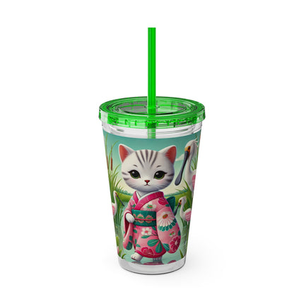 Geisha Kitten Strolls Among the Spoonbills Sunsplash Tumbler with Straw, 16oz
