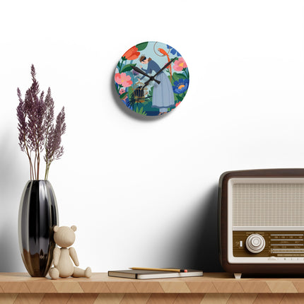 🌺🦜 The Lady Of The Enchanted Aviary Acrylic Wall Clock – Art Deco Floral Garden
