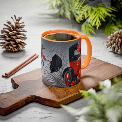 ☔🌹 The Scarlet Rainstorm Promenade Colorful Mug – Art Deco Motoring Elegance