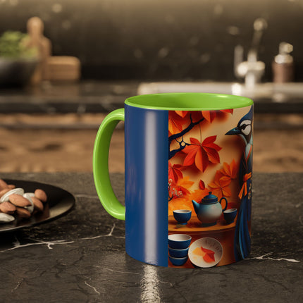 Blue Jay at an Autumn Tea Ceremony Colorful Mugs (11oz, 15oz)