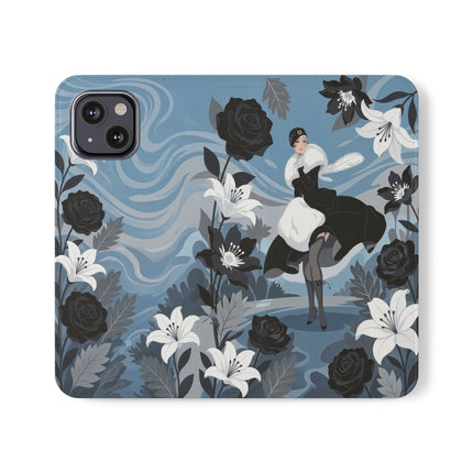 🖤🤍 The Lady Of The Black Rose Garden Flip Case – Art Deco Floral Elegance