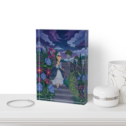 🦚🌙 The Lady Of The Midnight Peacock Garden Acrylic Art Block – Art Deco Floral Elegance